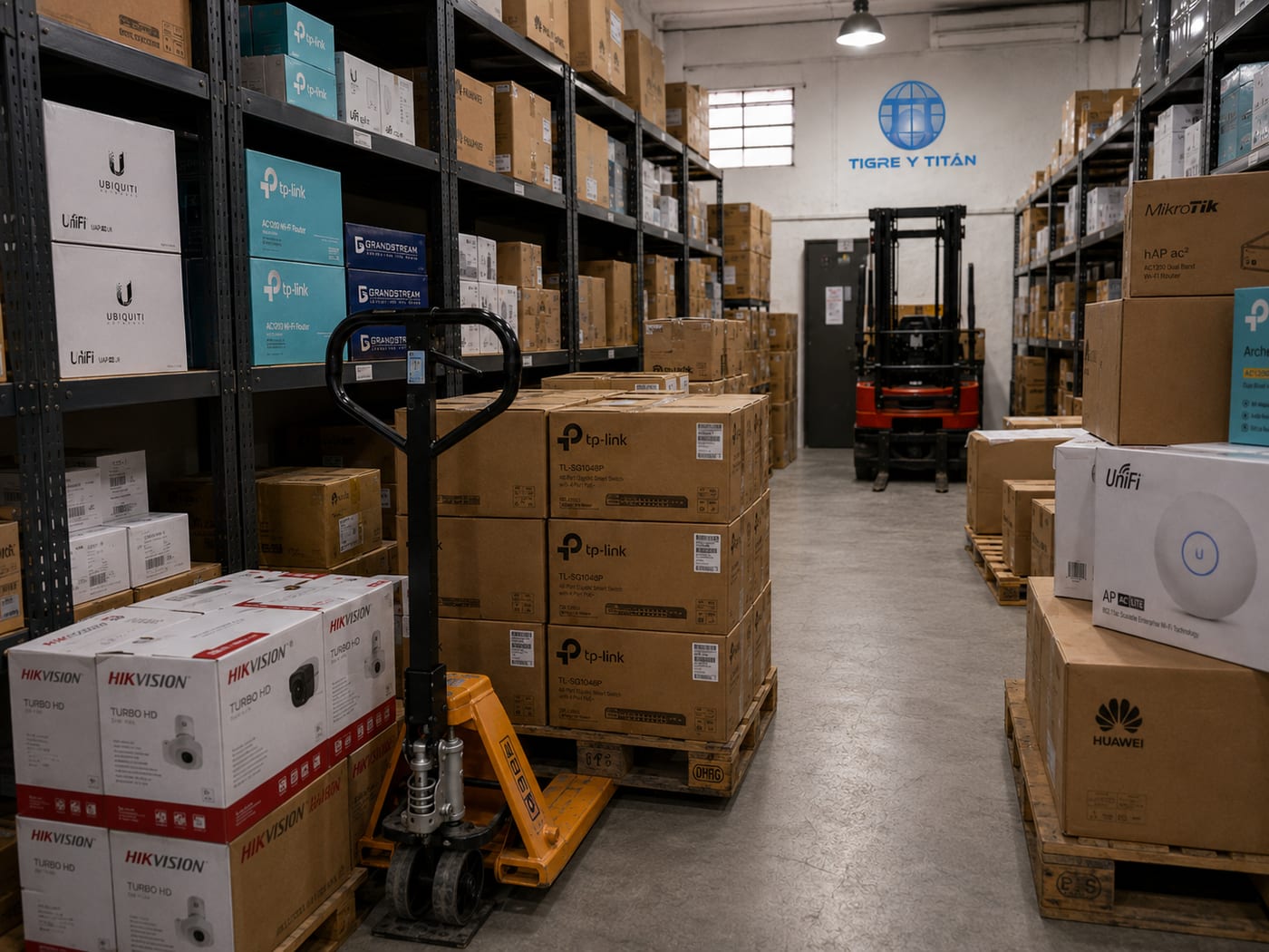 Estanterías con stock en el depósito de Tigre y Titán